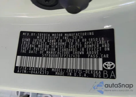 2015 Toyota Corolla S Plus from USA, damaged, VIN 5YFBURHE5FP247420